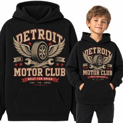 Bluza chłopięca z kapturem - „Detroit Motor Club” ze skrzydlatą oponą i kluczami