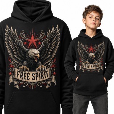 Bluza chłopięca z kapturem - orzeł z gwiazdą i napisem „Free Spirit” w stylu tattoo