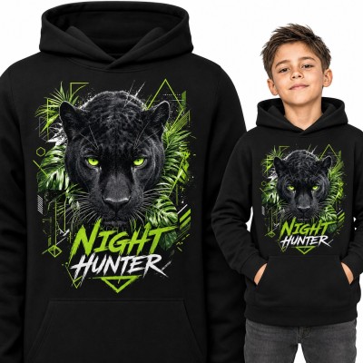 Bluza chłopięca z kapturem - czarna pantera w dżungli „Night Hunter”