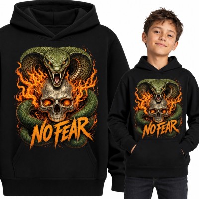 Bluza chłopięca z kapturem - kobra i czaszka w płomieniach „No fear”