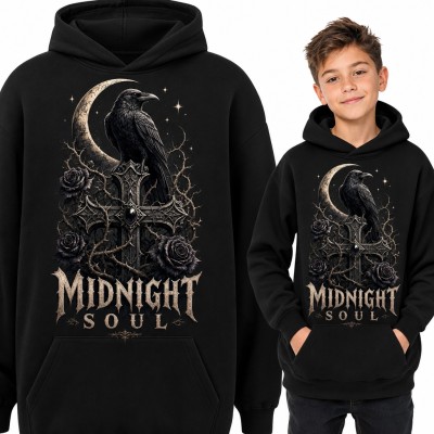 Bluza chłopięca z kapturem - gotycki kruk na krzyżu „Midnight Soul”