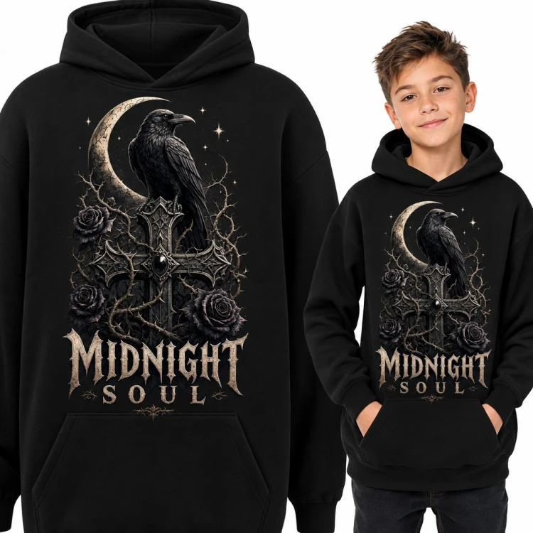 Bluza chłopięca z kapturem - gotycki kruk na krzyżu „Midnight Soul”
