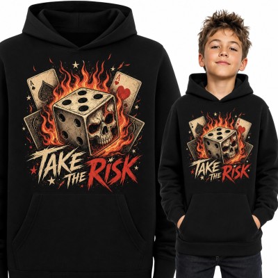 Bluza chłopięca z kapturem - płonąca kość z czaszką i asy „Take the risk”