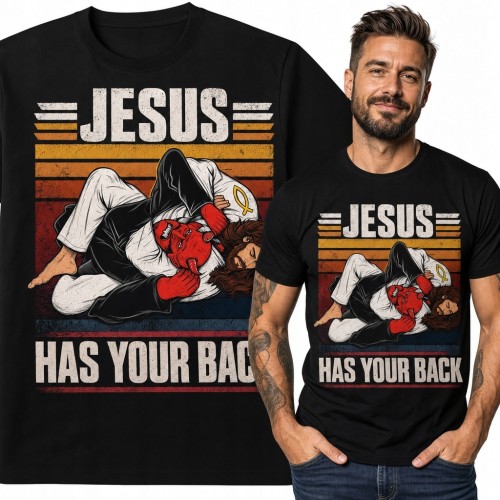 Koszulka męska z Jezusem pokonującym diabła i napisem „Jesus Has Your Back” - religijny motyw retro