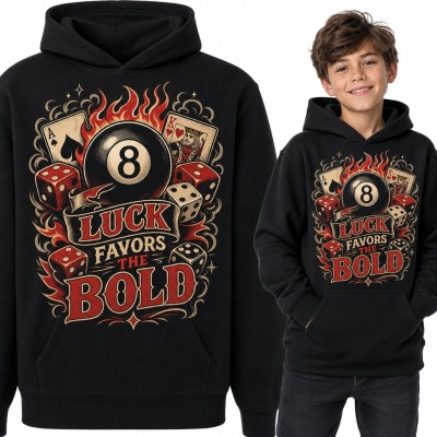 Bluza chłopięca z kapturem - „Luck favors the bold” z bilą ósemką, kartami i kośćmi