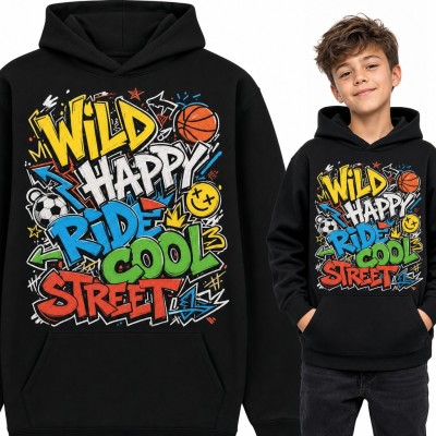 Bluza chłopięca z kapturem - kolorowe graffiti „Wild Happy Ride Cool Street”