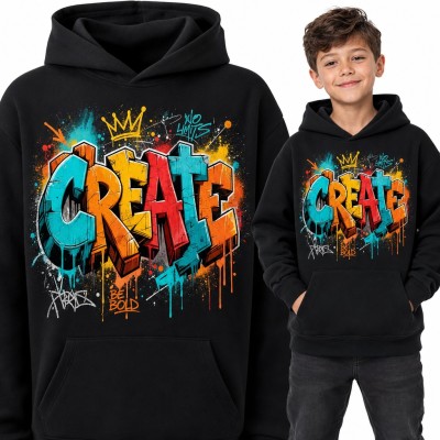 Bluza chłopięca z kapturem - kolorowe graffiti „Create” z koroną