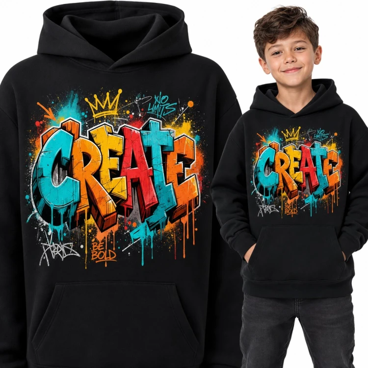 Bluza chłopięca z kapturem - kolorowe graffiti „Create” z koroną