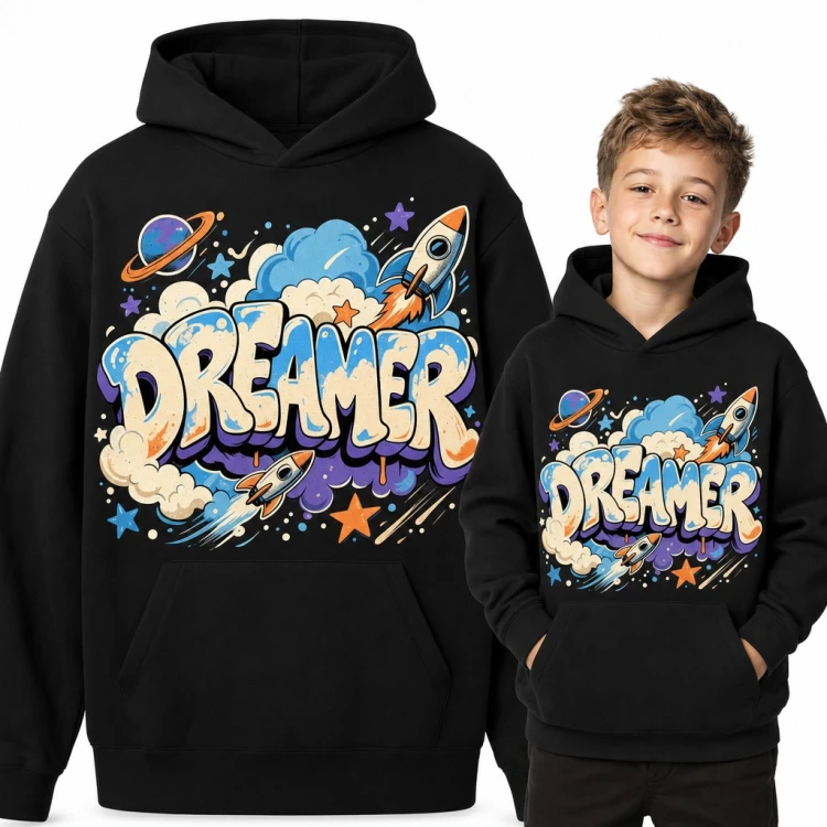 Bluza chłopięca z kapturem - „Dreamer” w stylu graffiti z rakietami i planetą