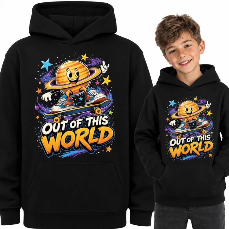 Bluza chłopięca z kapturem - Saturn na deskorolce „Out of this world”