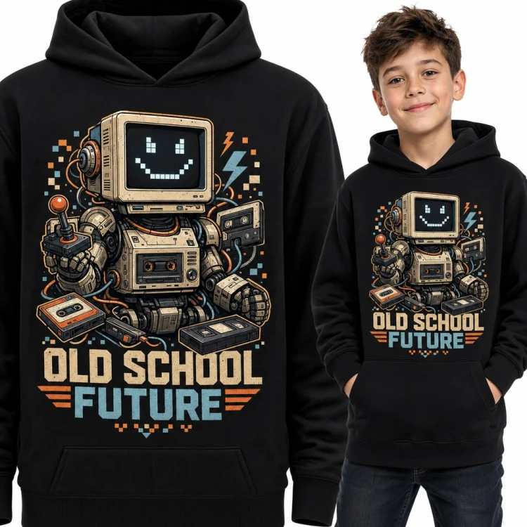 Bluza chłopięca z kapturem - retro robot z joystickiem „Old school future”