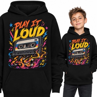 Bluza chłopięca z kapturem - kaseta retro w płomieniach „Play it loud”