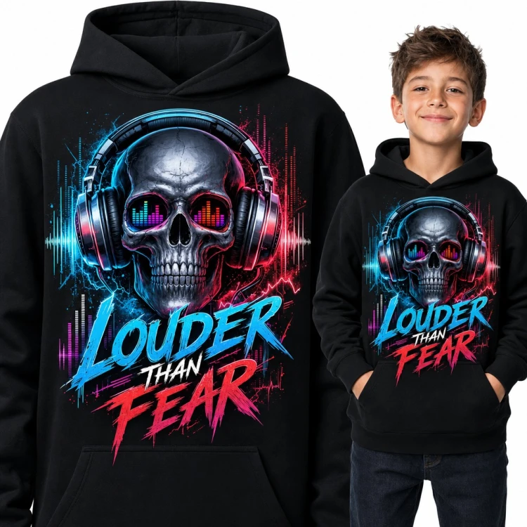 Bluza chłopięca z kapturem - czaszka DJ w słuchawkach „Louder than fear”