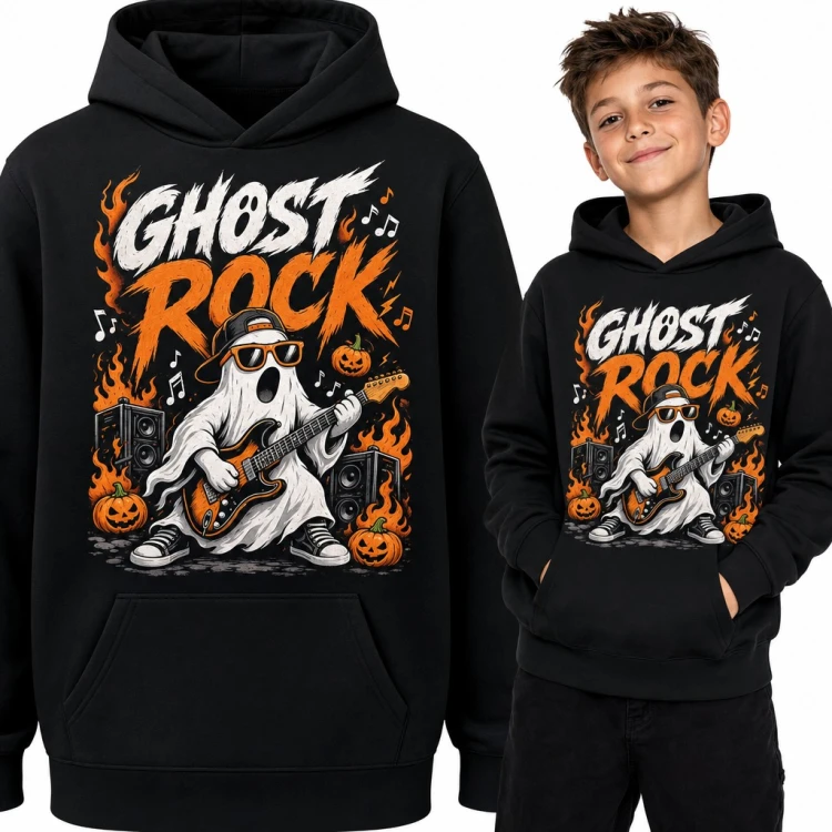 Bluza chłopięca z kapturem - „Ghost rock” duch z gitarą i dyniami na Halloween
