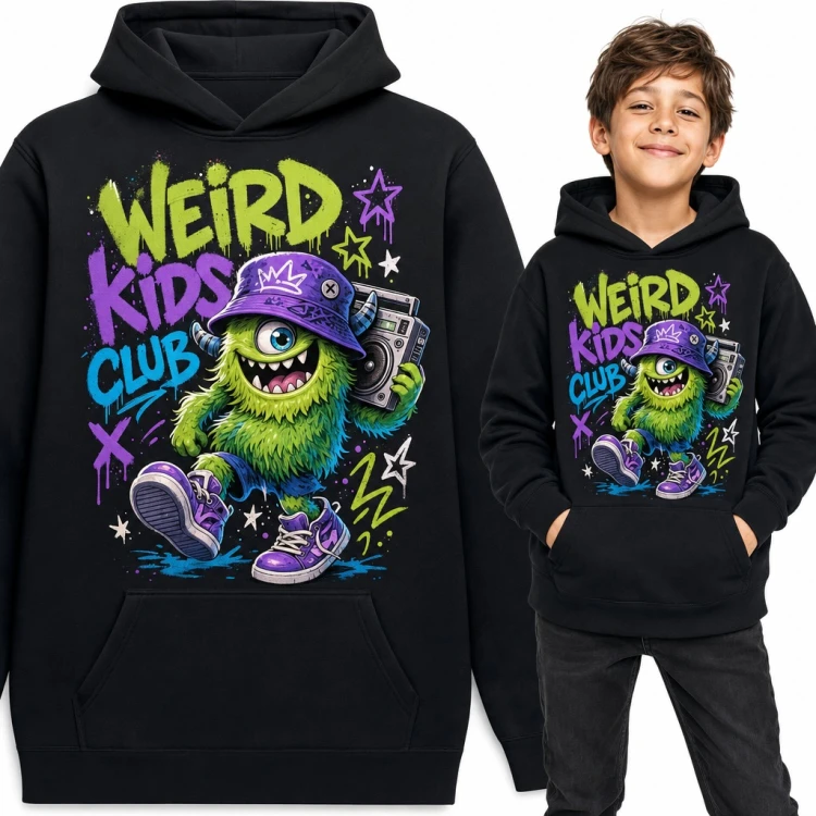 Bluza chłopięca z kapturem - potworek z boomboxem graffiti „Weird kids club”