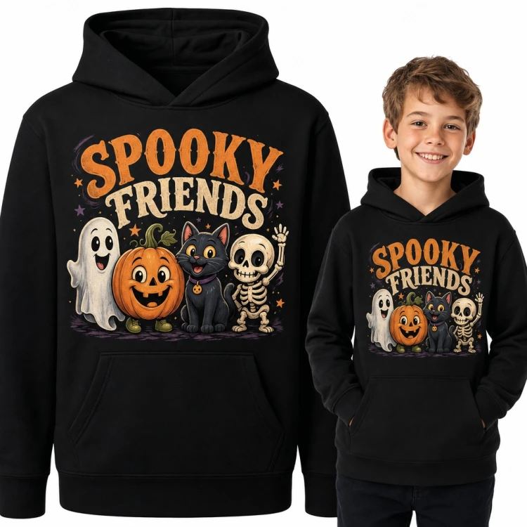 Bluza chłopięca z kapturem - „Spooky friends” duszek, dynia, kot i szkielet na Halloween