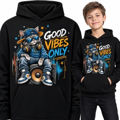 Bluza chłopięca z kapturem - kot DJ na głośniku „Good Vibes Only”