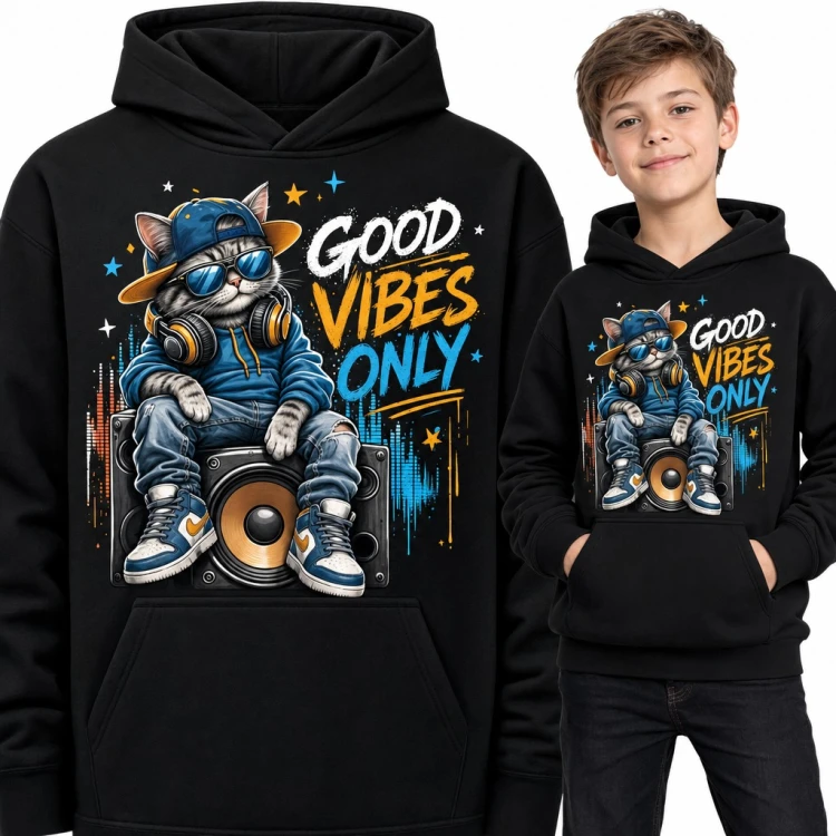 Bluza chłopięca z kapturem - kot DJ na głośniku „Good Vibes Only”