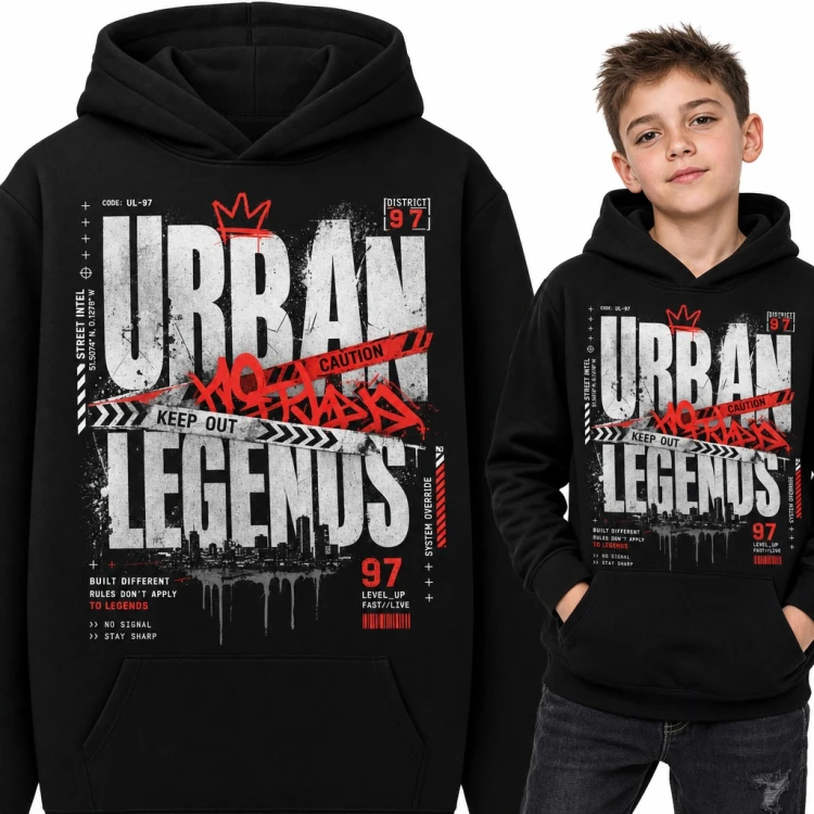 Bluza chłopięca z kapturem - „Urban Legends” z graffiti i taśmą ostrzegawczą