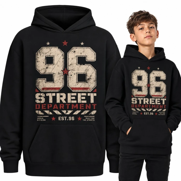Bluza chłopięca z kapturem „96 Street Department” - streetwear w stylu varsity z gwiazdami
