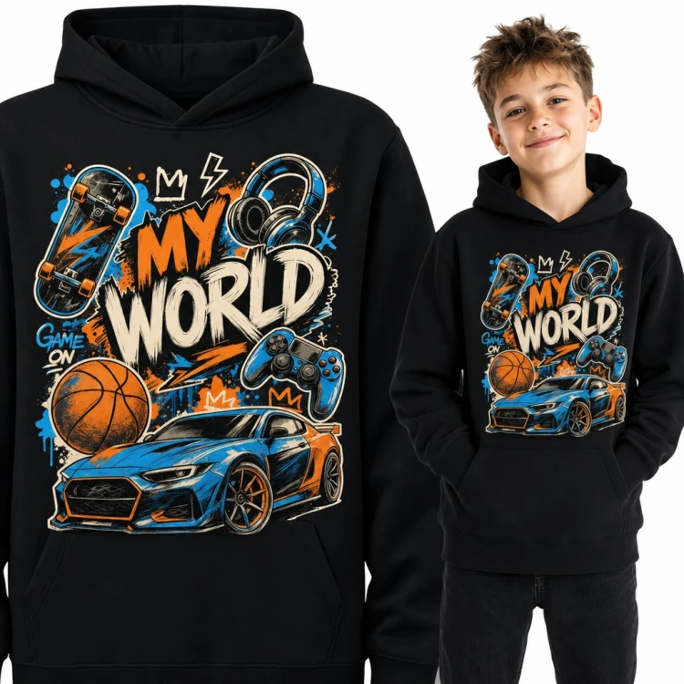 Bluza chłopięca z kapturem „My World” - gaming, deskorolka i sportowe auto w stylu graffiti