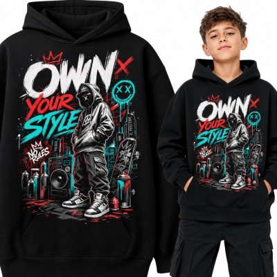 Bluza chłopięca z kapturem - graffiti „Own Your Style” ze skaterem i sprayami