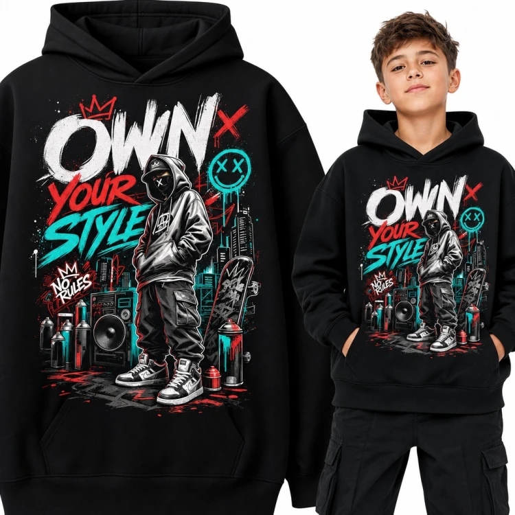 Bluza chłopięca z kapturem - graffiti „Own Your Style” ze skaterem i sprayami