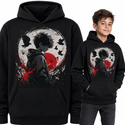 Bluza chłopięca z kapturem - chłopak anime na tle księżyca z krukami