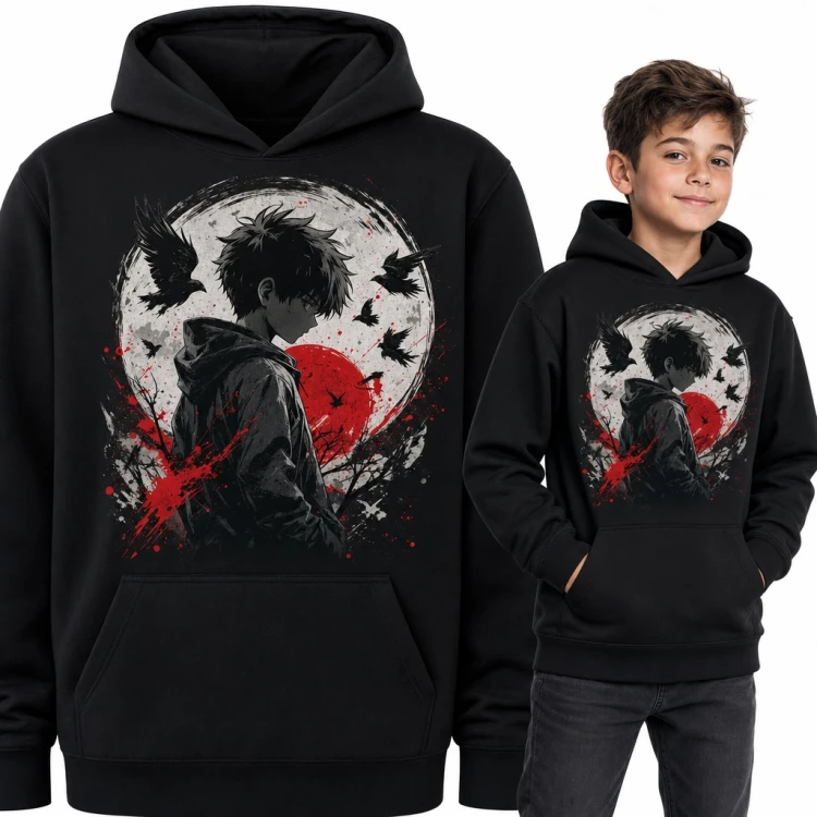 Bluza chłopięca z kapturem - chłopak anime na tle księżyca z krukami