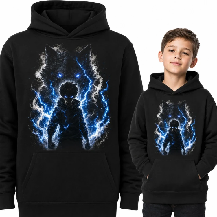 Bluza chłopięca z kapturem - chłopiec anime z wilkiem i niebieskimi błyskawicami