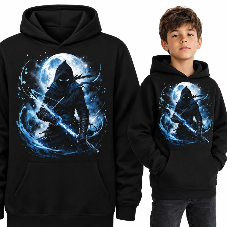 Bluza chłopięca z kapturem - ninja z kataną w blasku pełni księżyca