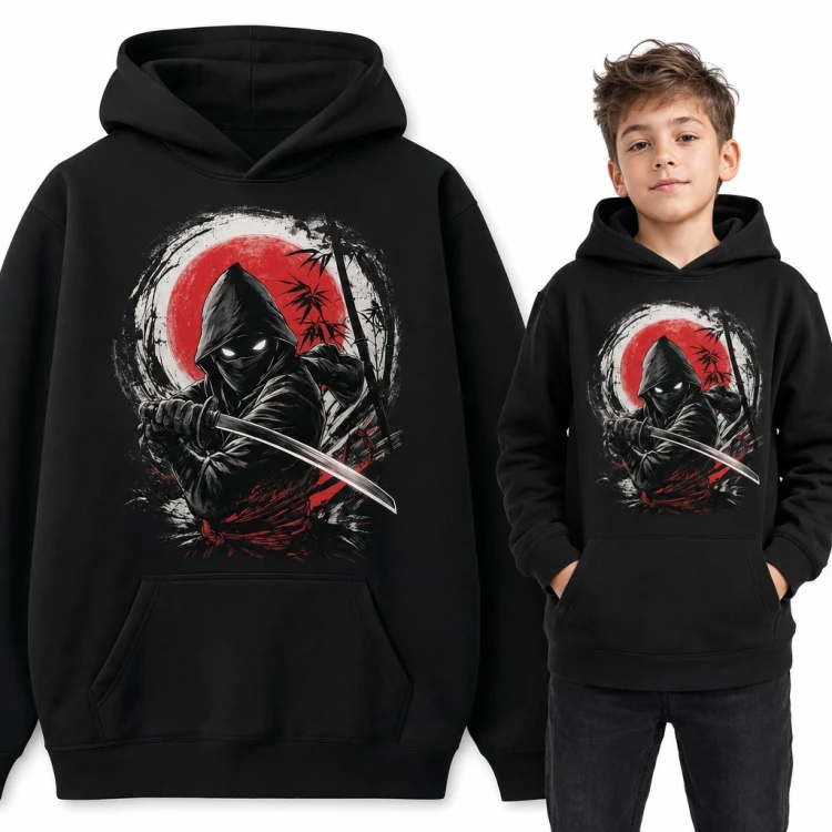 Bluza chłopięca z kapturem - ninja z kataną na tle czerwonego słońca