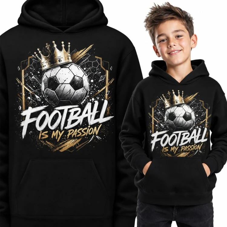 Bluza chłopięca z kapturem - „Football is my passion” z piłką w złotej koronie