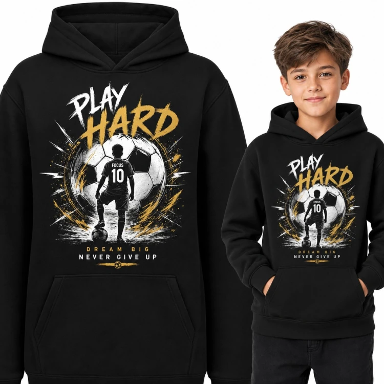 Bluza chłopięca z kapturem „Play hard” - młody piłkarz z numerem 10 dla fana piłki nożnej