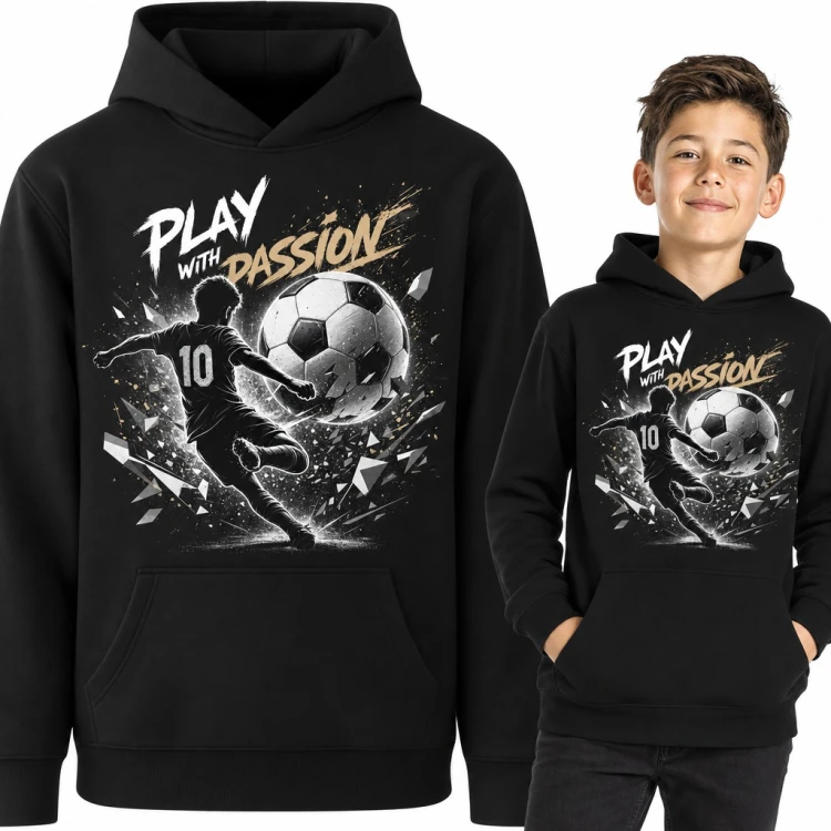 Bluza chłopięca z kapturem - piłkarz z numerem 10 i napis „Play with passion” dla młodego piłkarza