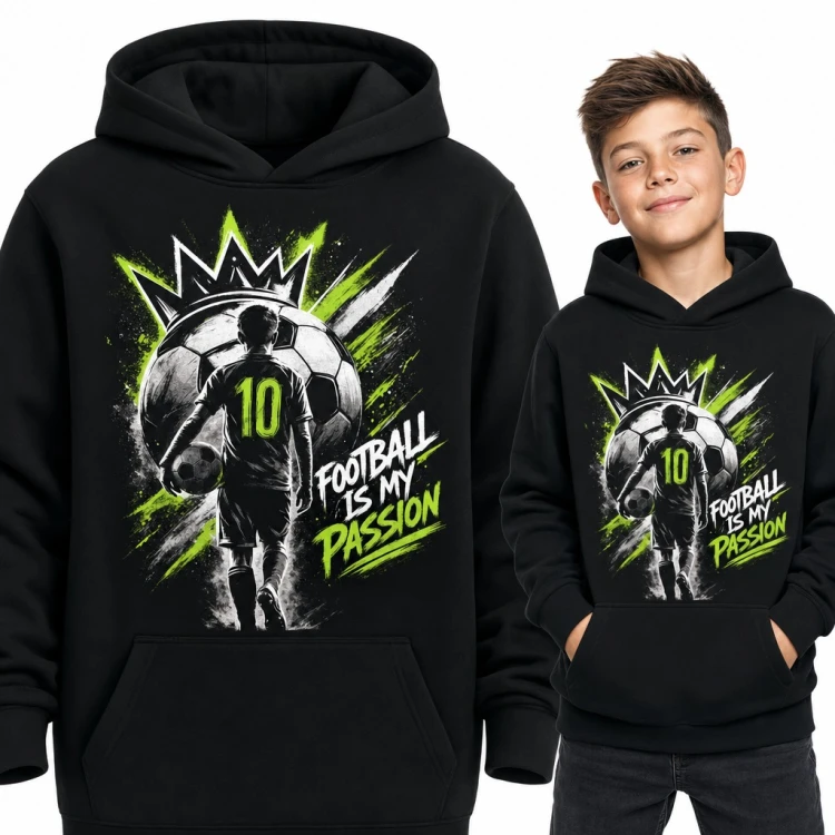 Bluza chłopięca z kapturem - piłkarz z numerem 10 i koroną „Football is my passion”