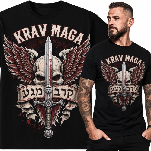 Koszulka męska Krav Maga z czaszką, skrzydłami i mieczem „Krav Maga”