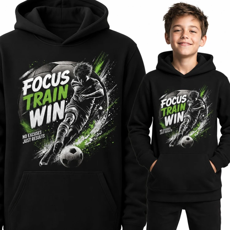 Bluza chłopięca z kapturem - piłkarz z piłką i napis „Focus Train Win” dla młodego piłkarza