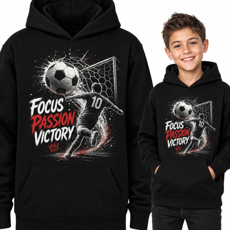 Bluza chłopięca z kapturem - piłkarz z numerem 10 i napis „Focus Passion Victory”