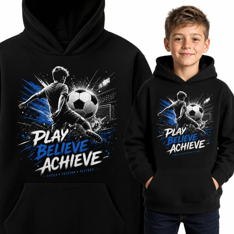 Bluza chłopięca z kapturem - młody piłkarz przy strzale i napis „Play Believe Achieve”