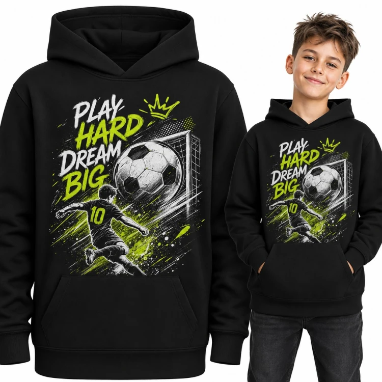 Bluza chłopięca z kapturem - piłkarz z numerem 10 i napis „Play hard dream big”