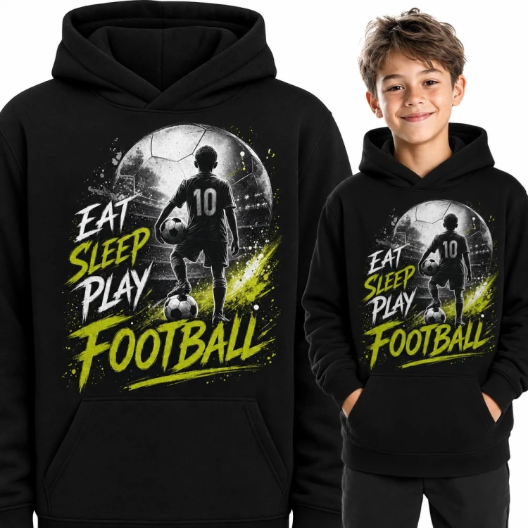 Bluza chłopięca z kapturem „Eat sleep play football” - młody piłkarz z numerem 10 dla fana piłki nożnej