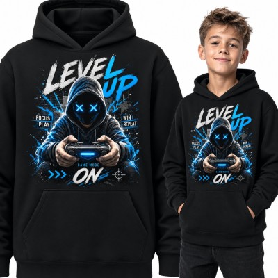 Bluza chłopięca z kapturem - „Level up” gamer z padem i neonowymi oczami