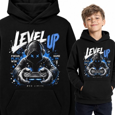 Bluza chłopięca z kapturem - „Level up” gamer z padem i słuchawkami