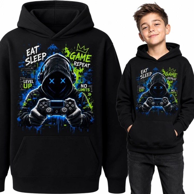 Bluza chłopięca z kapturem - „Eat sleep game repeat” z gamerem w słuchawkach dla gracza