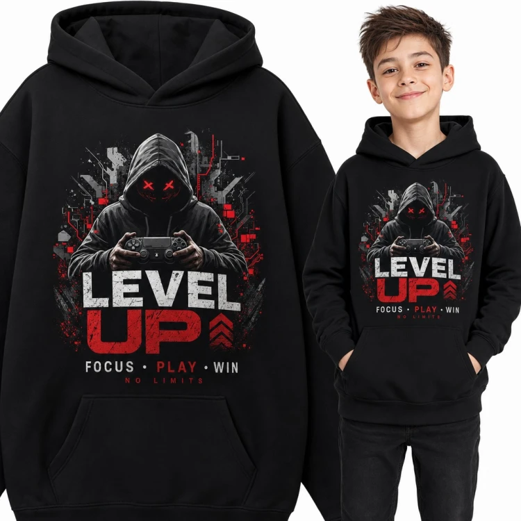 Bluza chłopięca z kapturem - „Level up” z graczem trzymającym pad