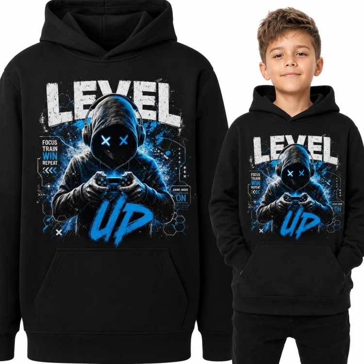 Bluza chłopięca z kapturem - gracz z padem i słuchawkami „Level up”