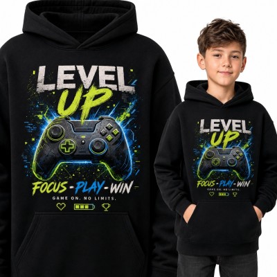 Bluza chłopięca z kapturem - „Level up” z neonowym padem dla gracza