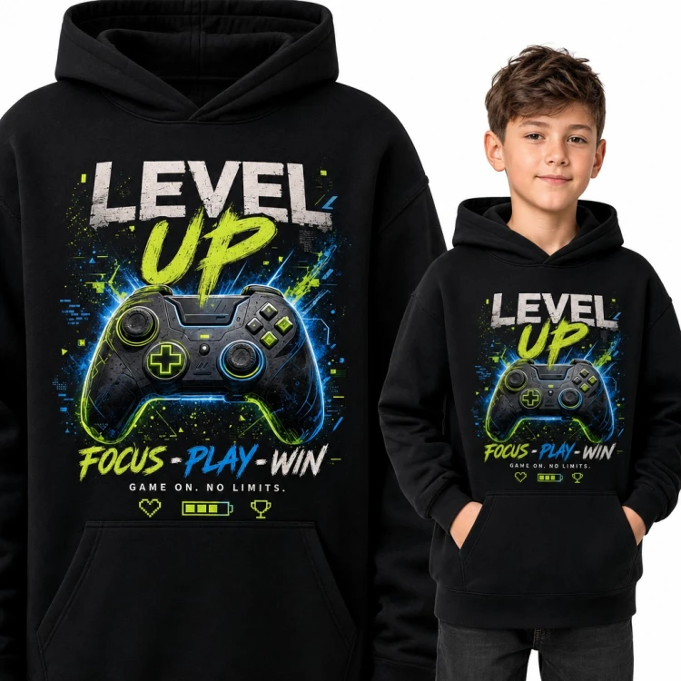 Bluza chłopięca z kapturem - „Level up” z neonowym padem dla gracza