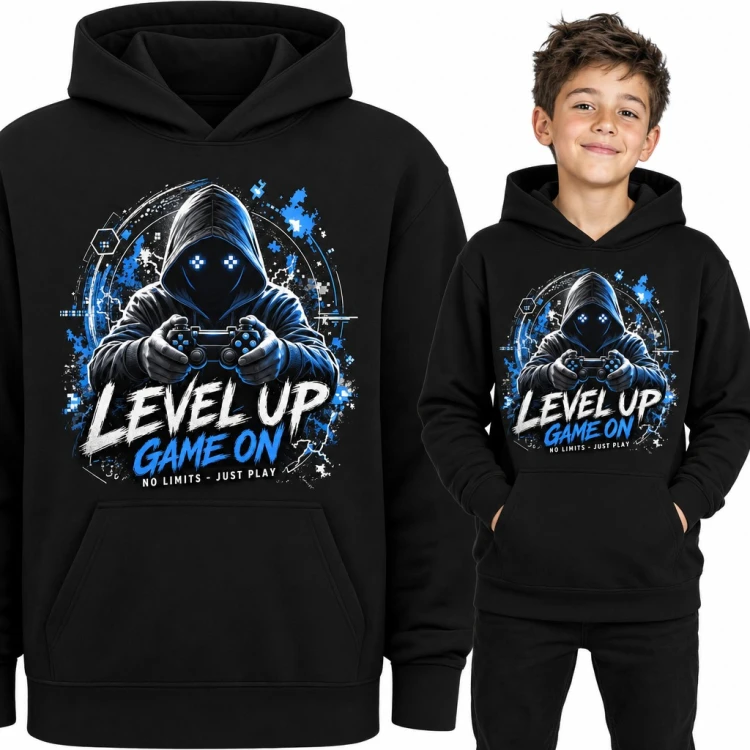 Bluza chłopięca z kapturem - „Level up game on” gracz z padem